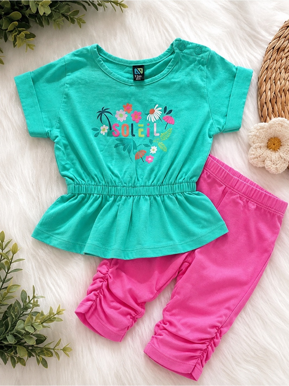 Coccoli Turquoise Top & Pink Ruched Leggings Set